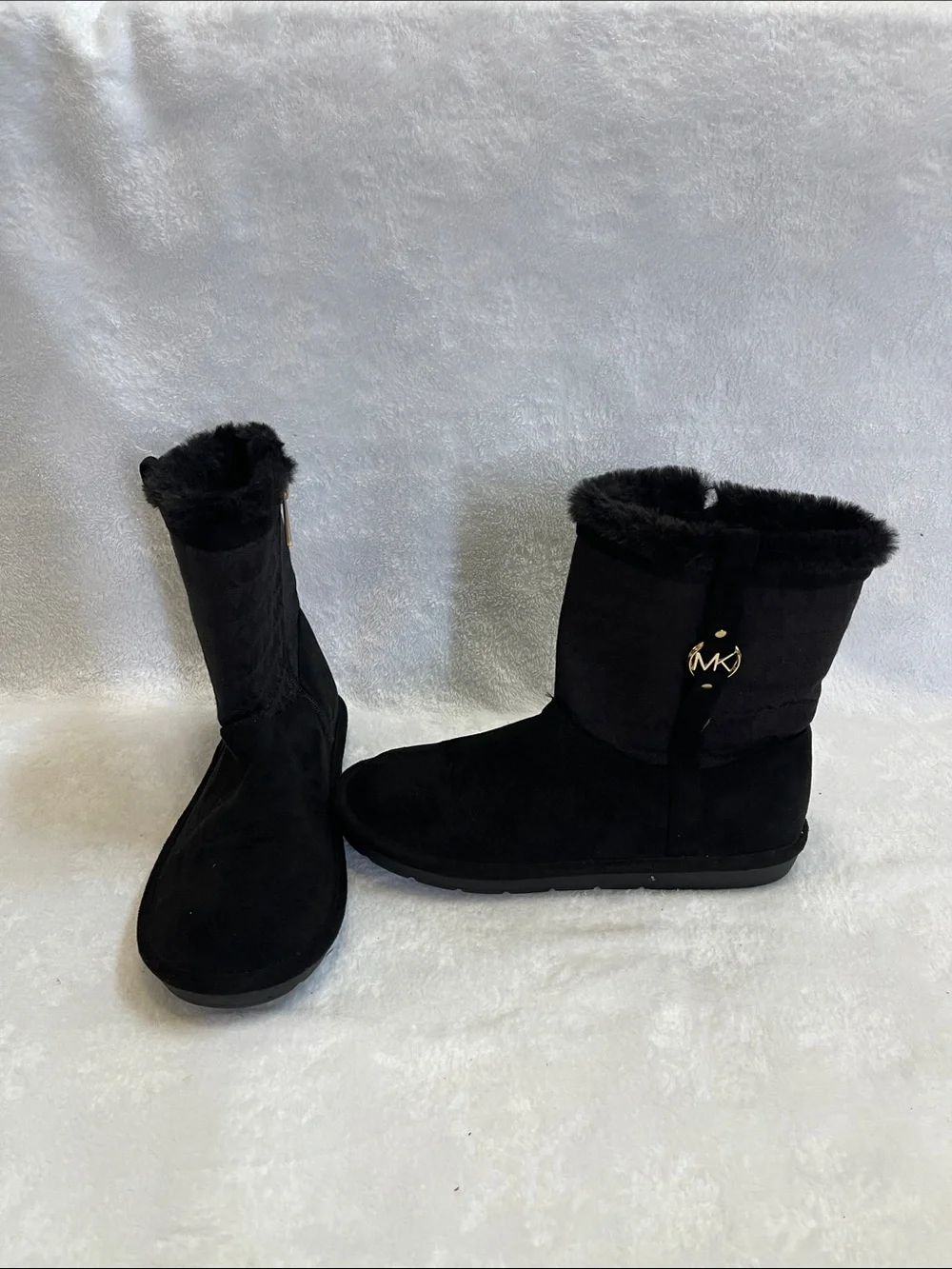 Michael Kors Black Suede Faux-Fur Mid-Calf Boots with Gold Logo